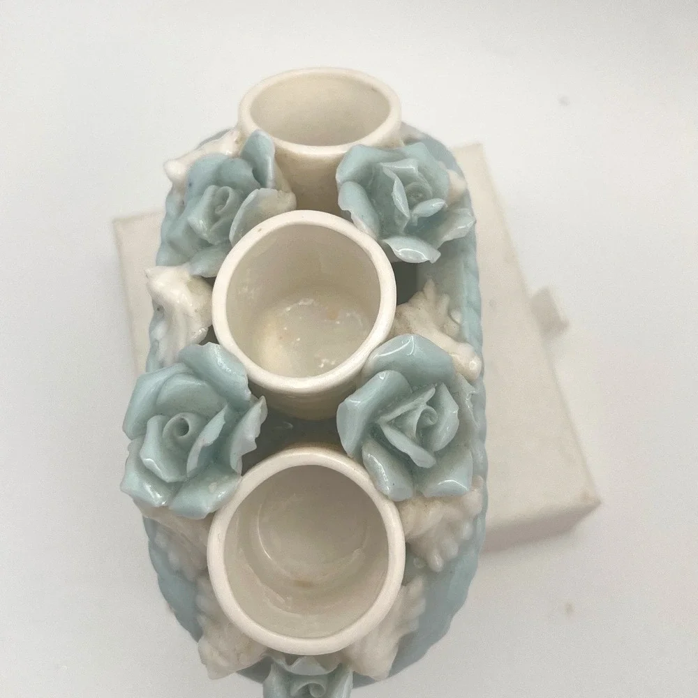 Vtg Rare I.W.Rice Japan Vanity Lipstick Holder Blue white porcelain Basket 50s
